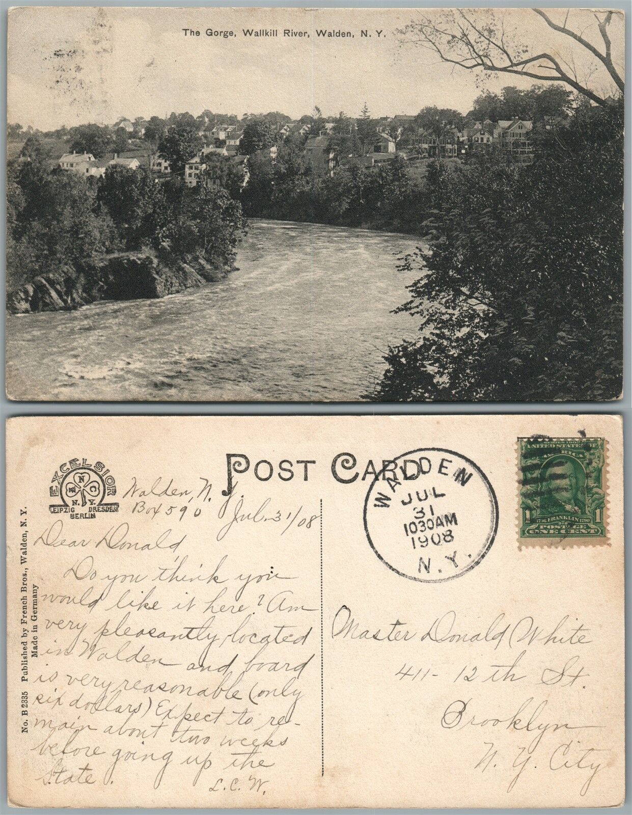 WALDEN N.Y. WALLKILL RIVER 1908 ANTIQUE POSTCARD w/ CORK CANCEL