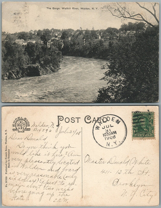 WALDEN N.Y. WALLKILL RIVER 1908 ANTIQUE POSTCARD w/ CORK CANCEL