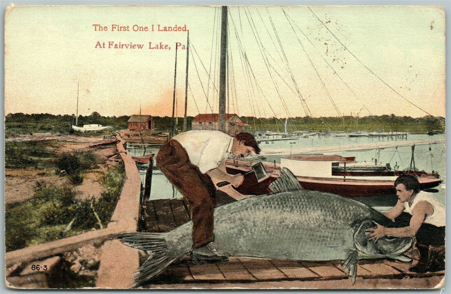 FAIRVIEW LAKE PA FISHING EXAGGERATED ANTIQUE POSTCARD