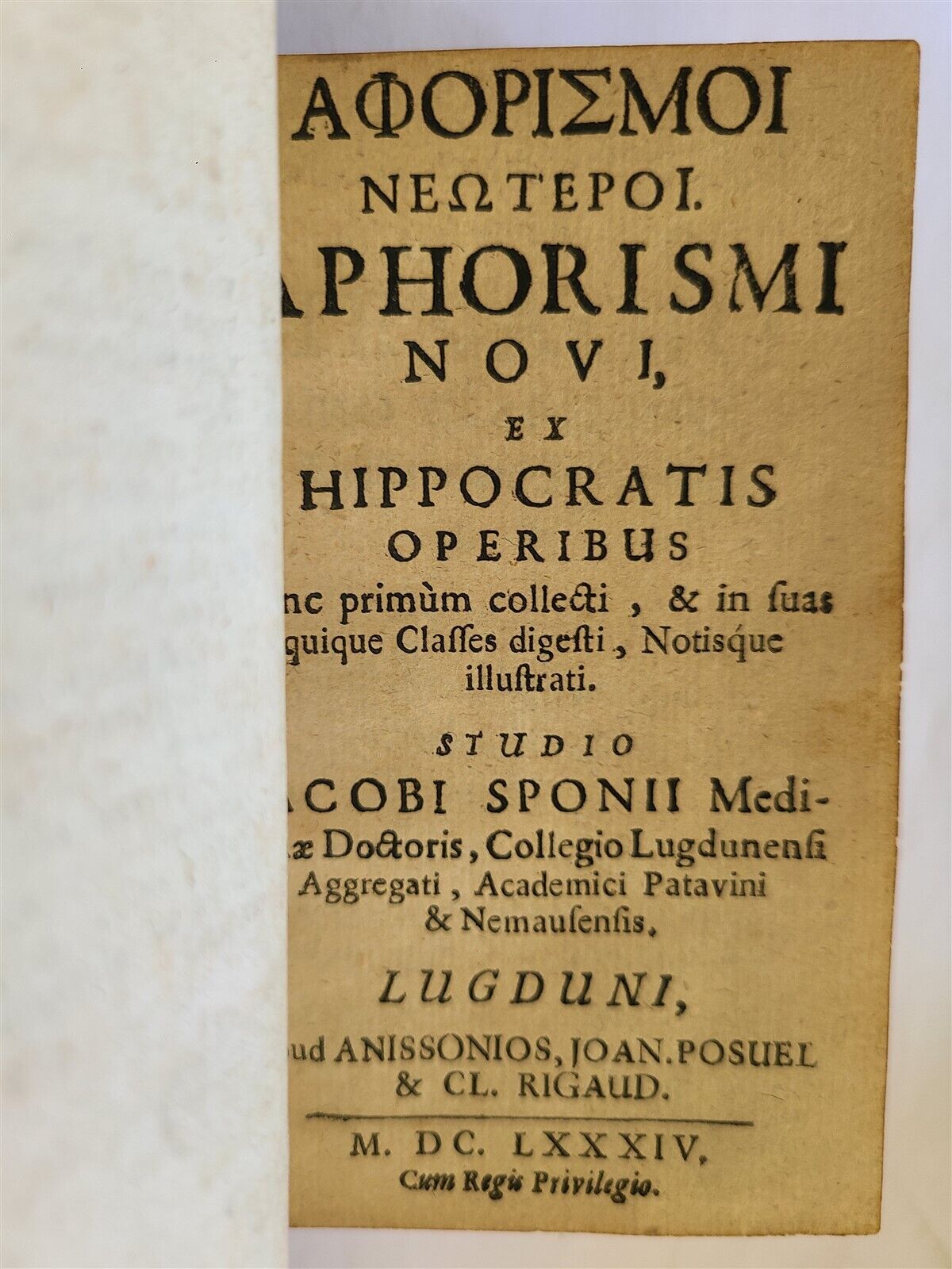 1690 HIPPOCRATIS COI APHORISMI GREEK & LATIN antique VELLUM BOUND