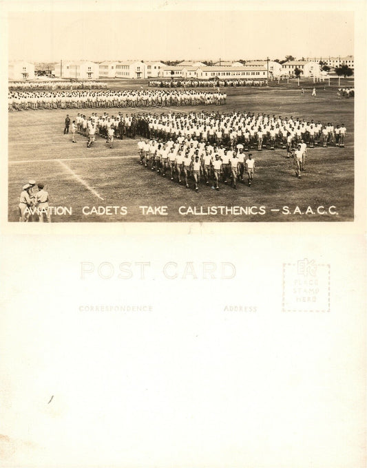 AVIATION CADETS TAKE CALLISTHENICS REAL PHOTO POSTCARD ANTIQUE RPPC