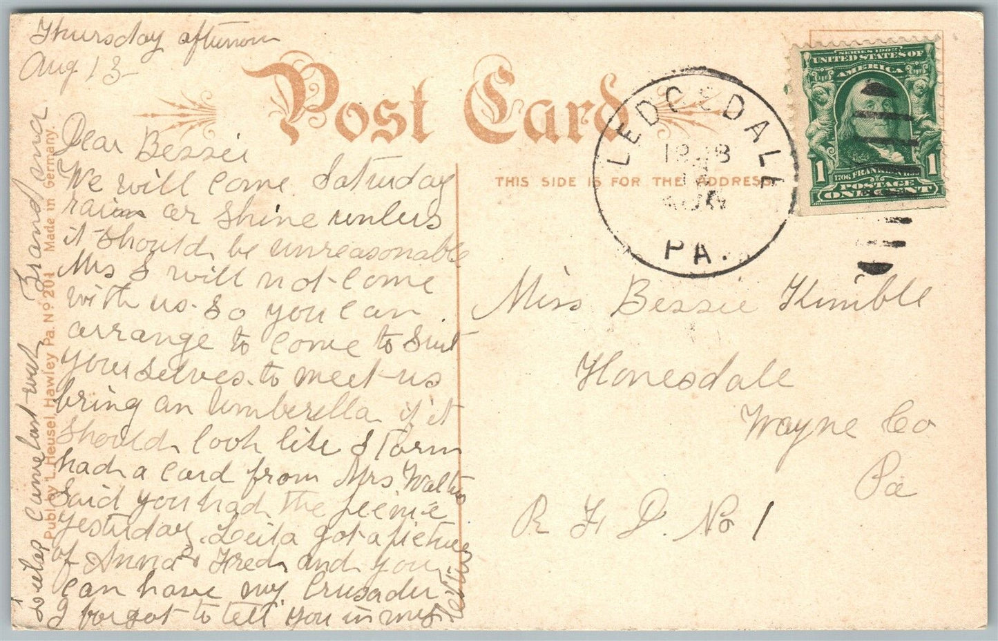 LEDGEDALE WAYNE COUNTY PA STREET VIEW ANTIQUE POSTCARD