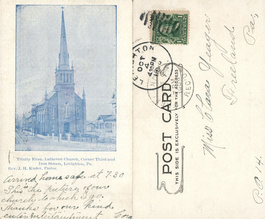 LEHIGHTON THIRD & IRON STREET TRINITY CHURCH 1906 ANTIQUE CORK STAMP POSTCARD