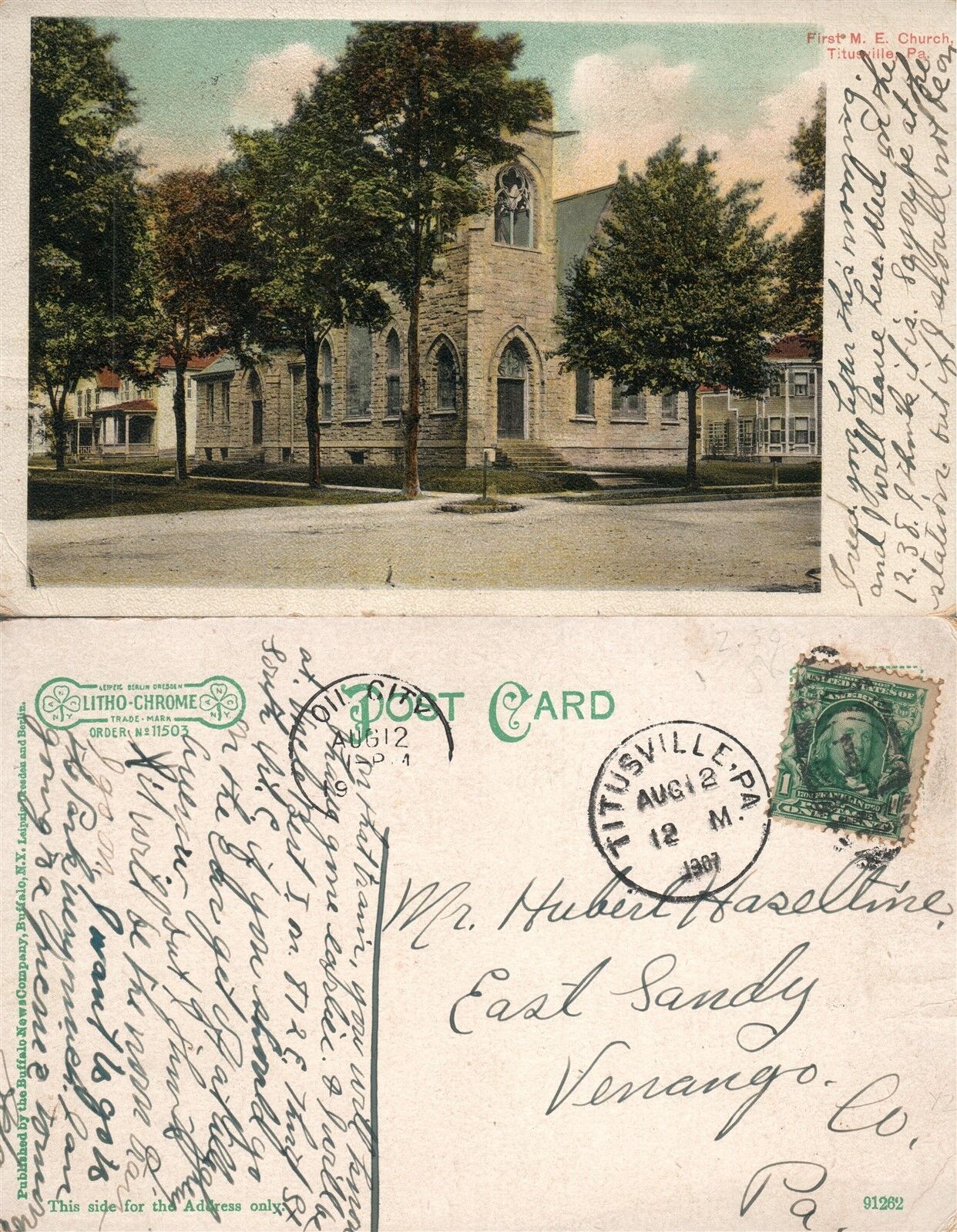 TITUSVILLE PA FIRST M.E. CHURCH 1907 ANTIQUE POSTCARD w/ CORK CANCEL