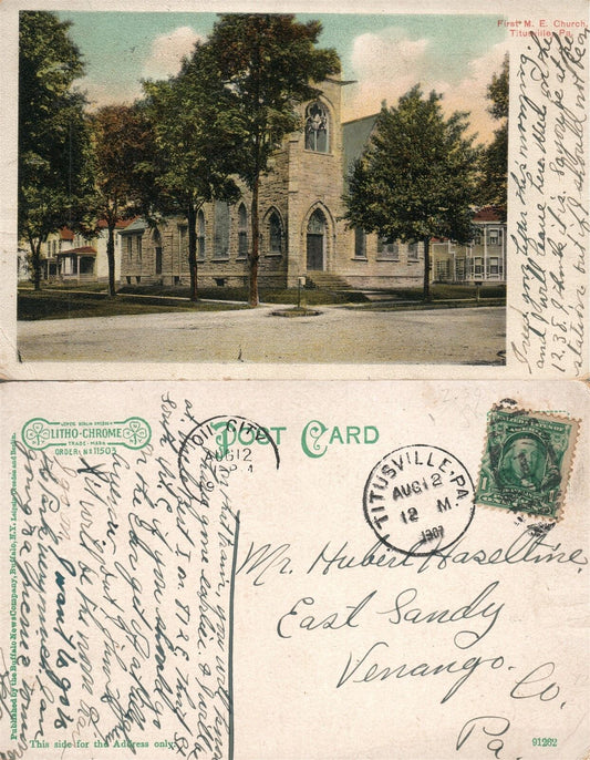 TITUSVILLE PA FIRST M.E. CHURCH 1907 ANTIQUE POSTCARD w/ CORK CANCEL