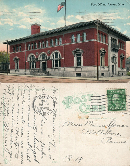 AKRON OH POST OFFICE 1916 ANTIQUE POSTCARD