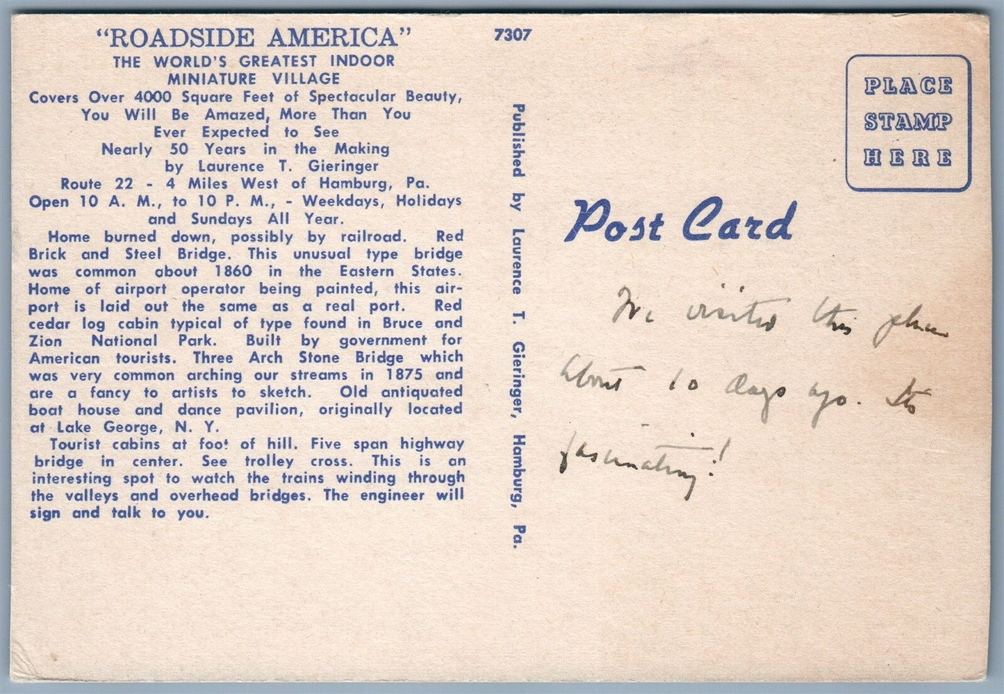 HAMBURG PA VINTAGE POSTCARD WORLD'S GREATEST INDOOR MINIATURE VILLAGE