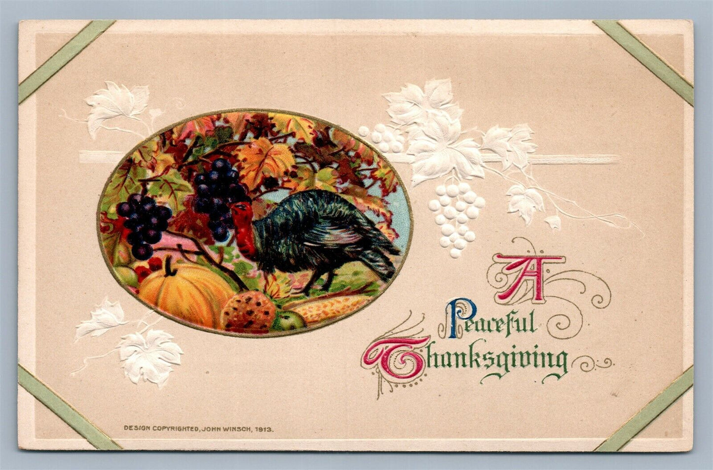 THANKSGIVING 1913 ANTIQUE EMBOSSED POSTCARD by JOHN WINSCH w/ TURKEY