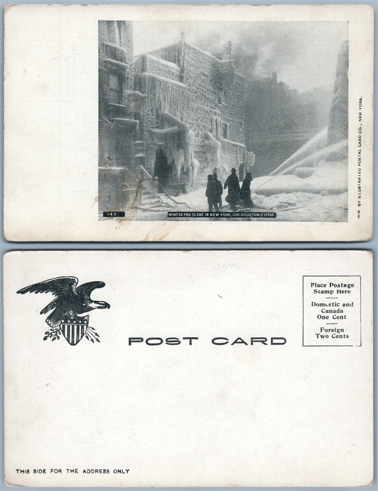 WINTER FIRE SCENE IN NEW YORK HOUSTON & STREET & 1st AVE. UNDIVIDED ANTIQUE PC