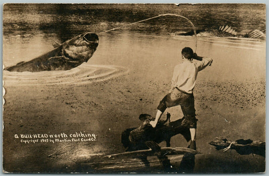 BULL-HEAD NORTH CATHING EXAGGERATED FISHING ANTIQUE REAL PHOTO POSTCARD RPPC