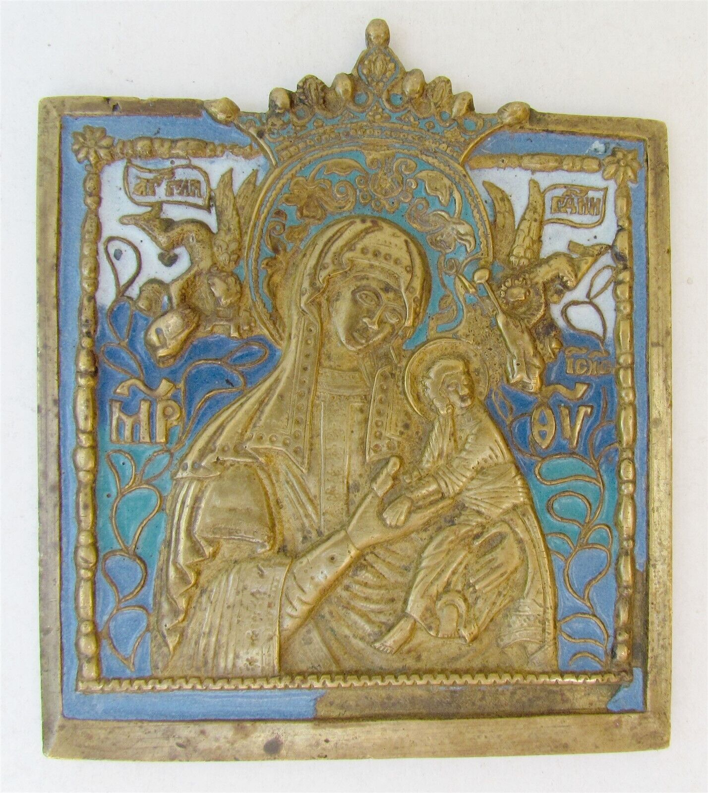 RUSSIAN ICON of VIRGIN of PASSION ANTIQUE ORTHODOX BRONZE ENAMEL 19th century