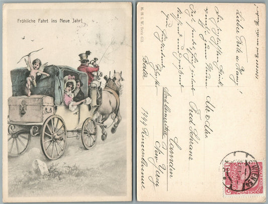 HAPPY NEW YEAR AUSTRIAN ART ANTIQUE POSTCARD ROMANTIC CARRIAGE