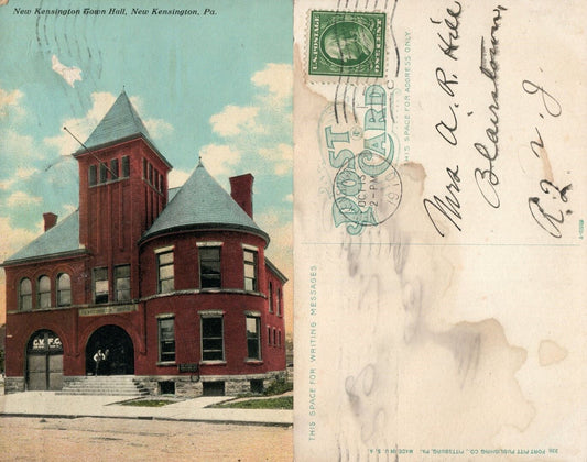NEW KENSINGTON PA TOWN HALL ANTIQUE 1910 POSTCARD