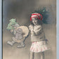 GIRL w/ CHRISTMAS TREE & DRAWN SANTA ANTIQUE REAL PHOTO POSTCARD RPPC