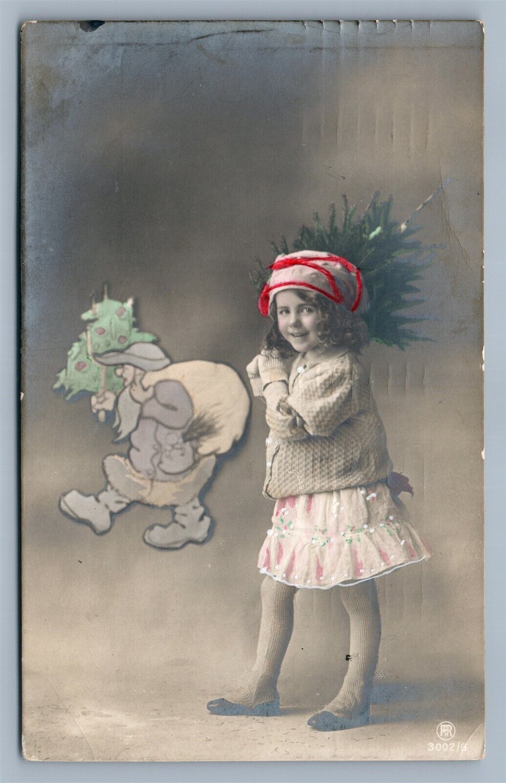 GIRL w/ CHRISTMAS TREE & DRAWN SANTA ANTIQUE REAL PHOTO POSTCARD RPPC