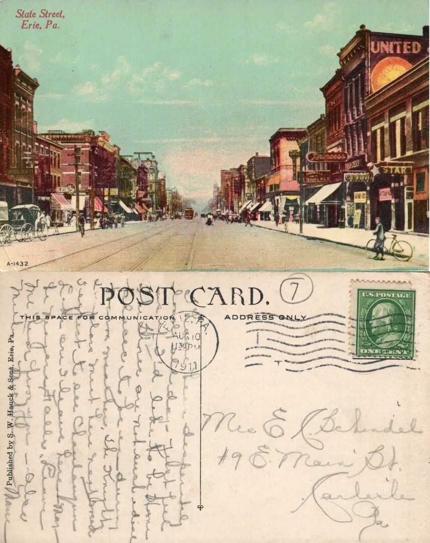 ERIE PA STATE STREET 1911 ANTIQUE POSTCARD