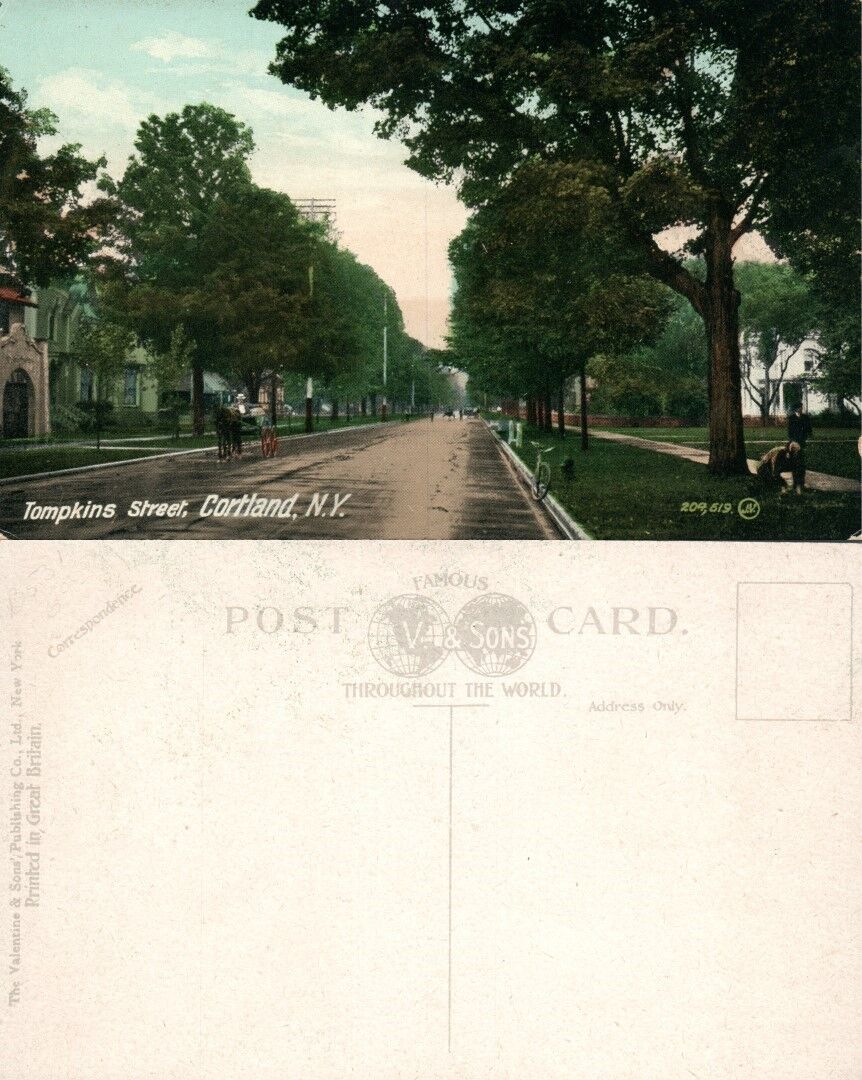 CORTLAND N.Y. TOMPKINS STREET ANTIQUE POSTCARD