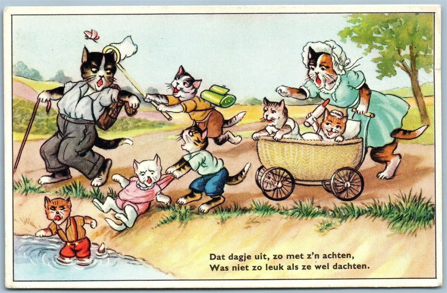 CAT'S FAMILY PICNIC VINTAGE POSTCARD w/ NETHERLAND'S STAMP