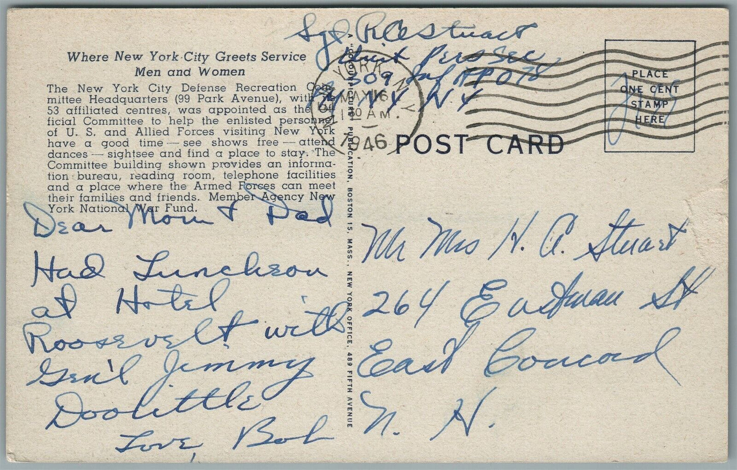 NEW YORK CITY DEFENSE RECREATION COMMITTEE PARK AVE. VINTAGE POSTCARD