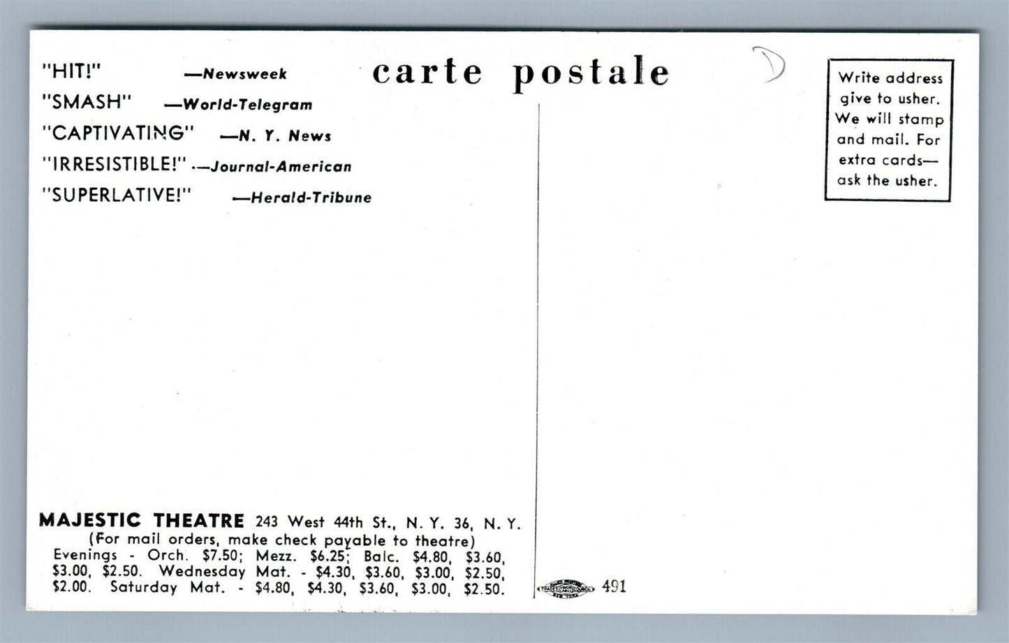 NEW YORK NY MAJESTIC THEATRE BROADWAY MUSICAL ADVERTISING VINTAGE POSTCARD