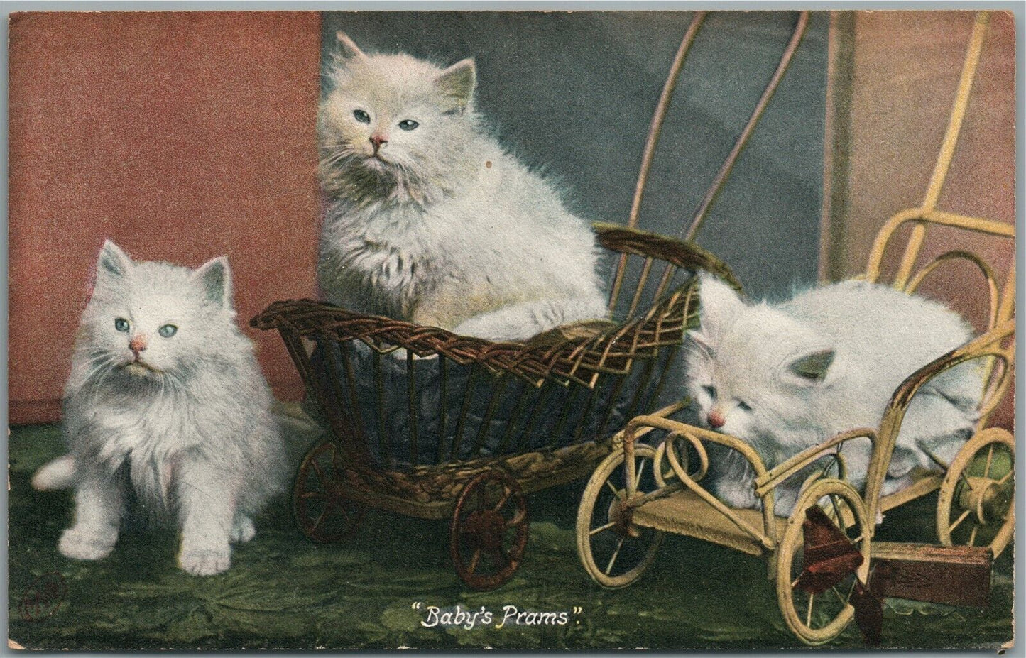 WHITE KITTENS BABY'S PRAMS ANTIQUE POSTCARD