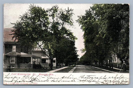 MONROE WI EAST WASHINGTON STREET 1907 UNDIVIDED ANTIQUE POSTCARD w/ CORK CANCEL