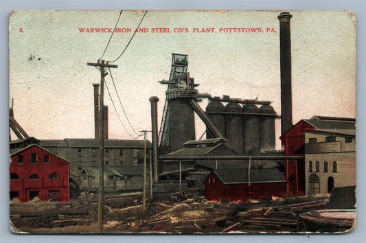 POTTSTOWN PA WARWICK & STEEL CO'S PLANT ANTIQUE POSTCARD CORK CANCEL