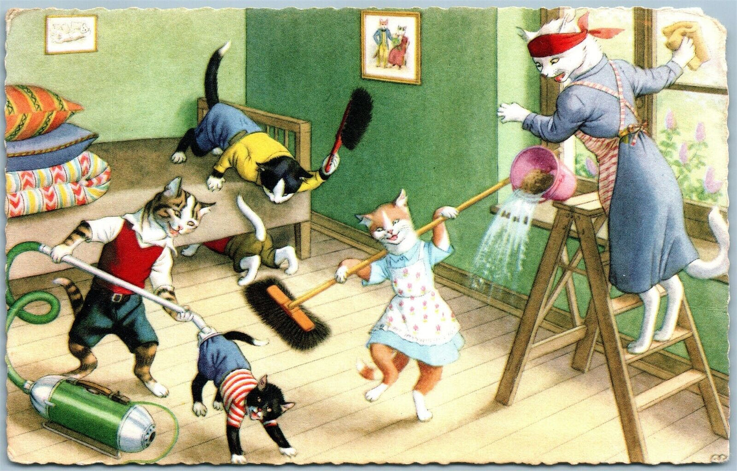 CLEANING CATS VINTAGE POSTCARD