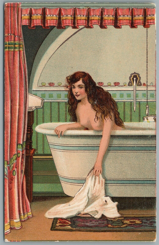 BEAUTY GIRL BATH TAKING ANTIQUE POSTCARD