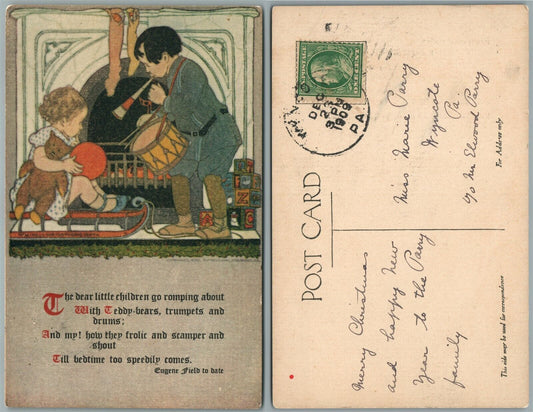 ART NOUVEAU LITTLE CHILDREN TEDDY BEAR TRUMPET DRUM TOYS 1909 ANTIQUE POSTCARD