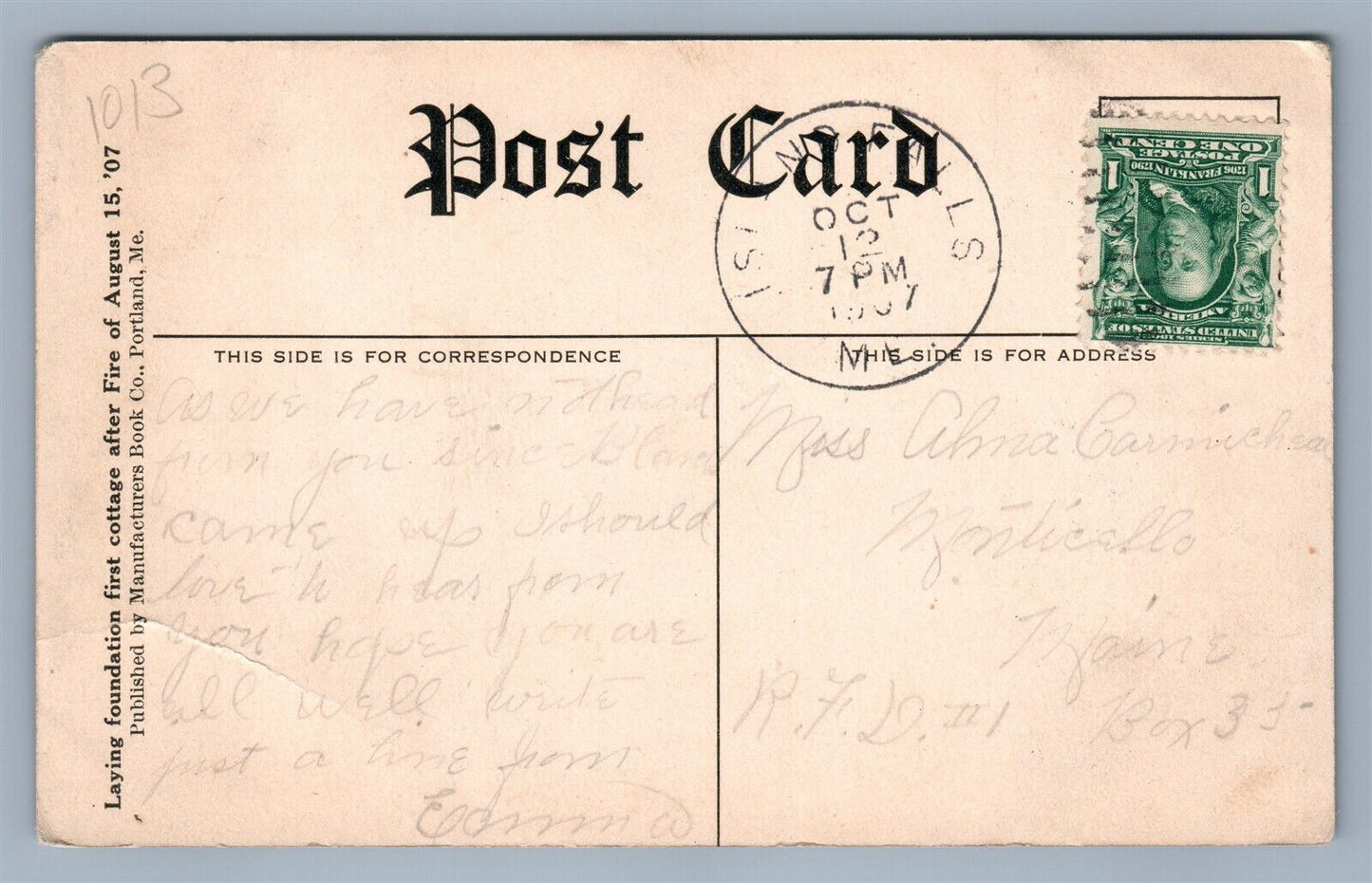 PORTLAND ME LAYING 1st COTTAGE FOUNDATION AFTER 1907 FIRE ANTIQUE POSTCARD