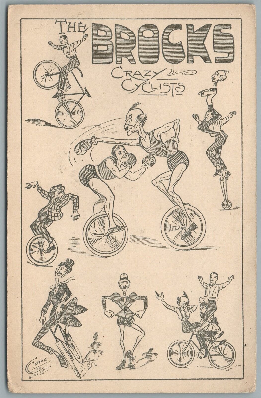 BICYCLE CIRCUS THE BROCKS CRAZY CYCLISTS ANTIQUE POSTCARD