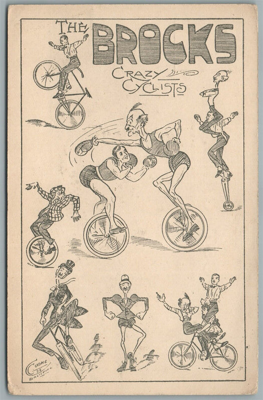 BICYCLE CIRCUS THE BROCKS CRAZY CYCLISTS ANTIQUE POSTCARD