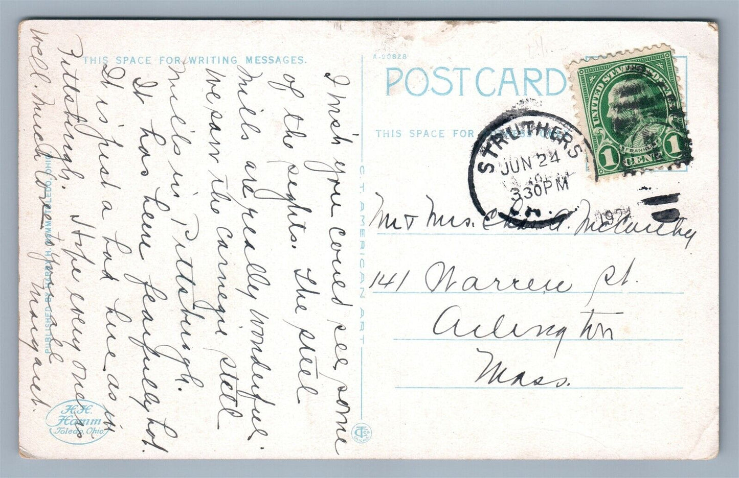 YOUNGSTOWN OH FEDERAL STREET 1924 ANTIQUE POSTCARD w/ CORK CANCEL