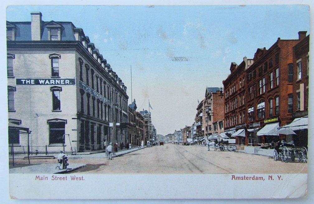 VINTAGE 1907 UNDIVIDED POSTCARD MAIN STREET WEST AMSTERDAM NEW YORK signs horses