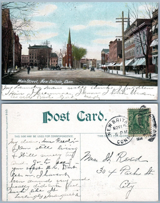 NEW BRITAIN CT MAIN STREET 1908 ANTIQUE POSTCARD w/ CORK CANCEL