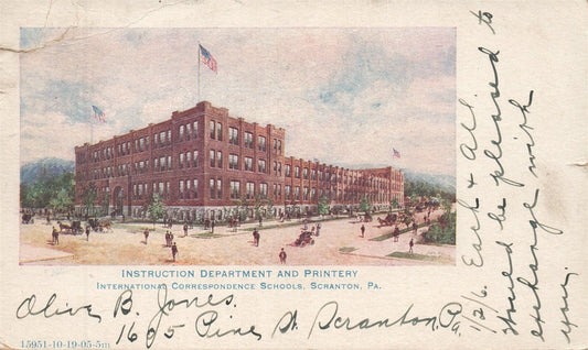 SCRANTON PA INT'L CORRESPONDENCE SCHOOLS 1906 UNDIVIDED ANTIQUE POSTCARD