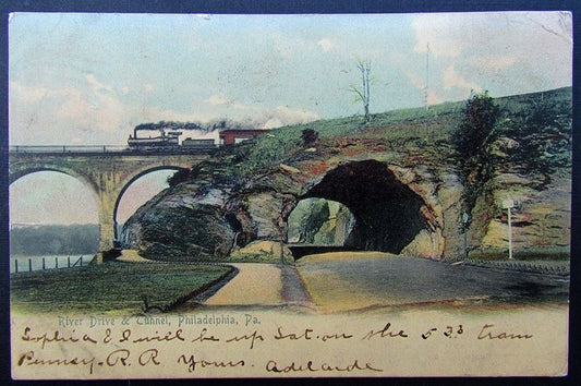 VINTAGE 1905 POSTCARD RIVER DRIVE TUNNEL PHILADELPHIA PA railway train railroad