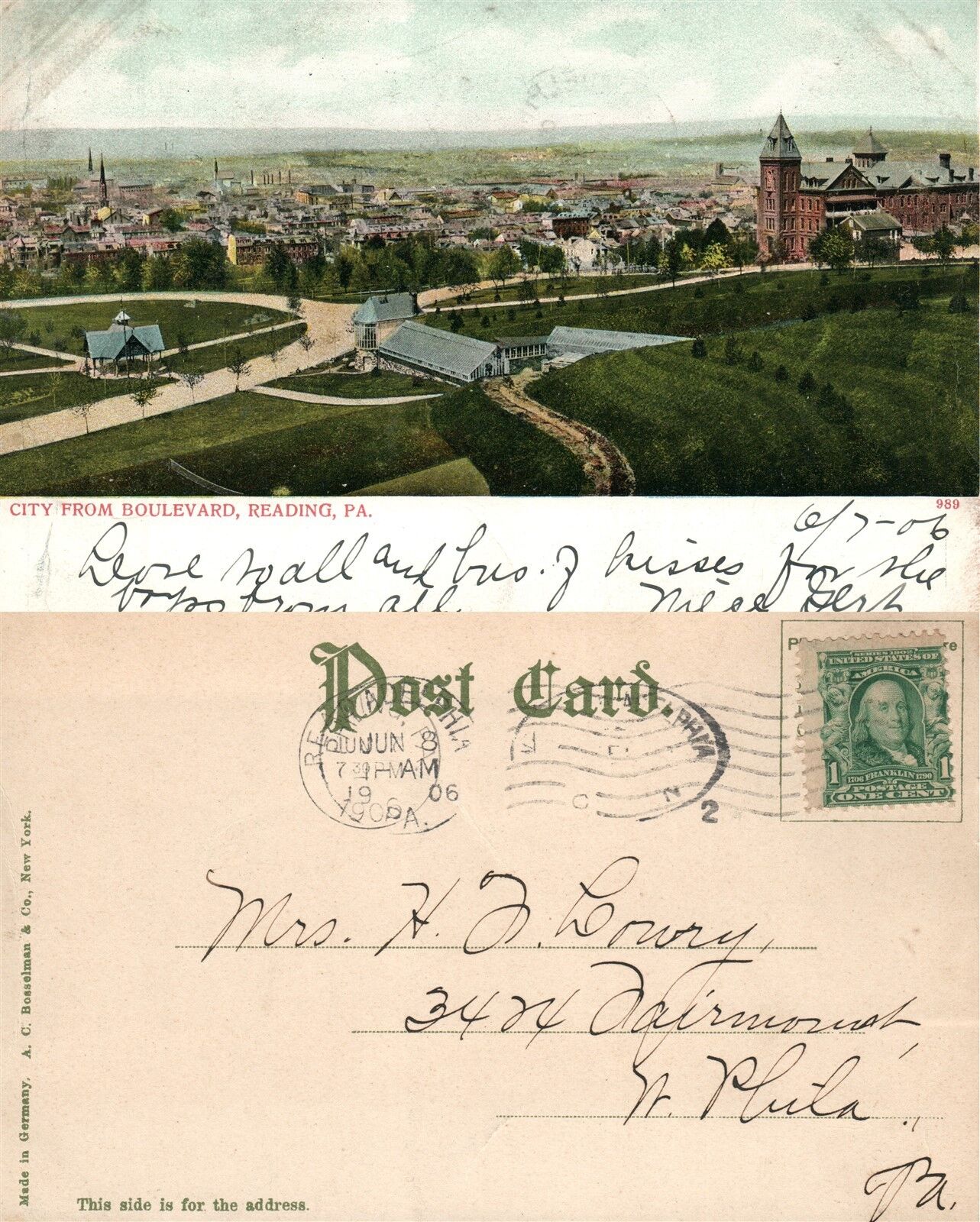READING PA CITY FROM BOULEVARD 1906 ANTIQUE POSTCARD