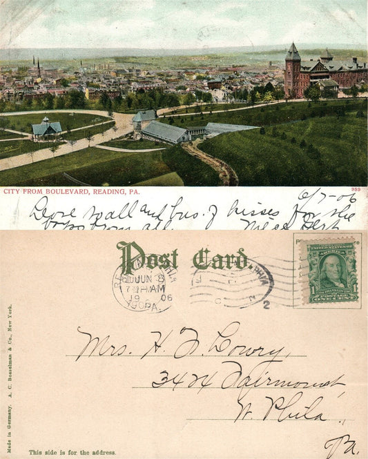 READING PA CITY FROM BOULEVARD 1906 ANTIQUE POSTCARD