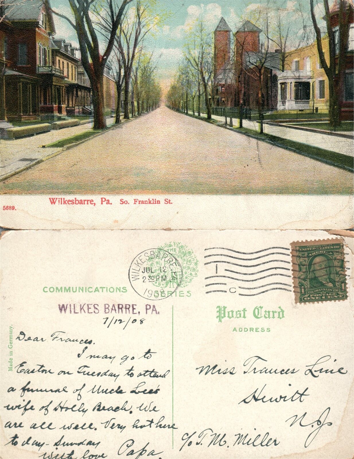 WILKES-BARRE PA SOUTH FRANKLIN STREET 1908 ANTIQUE POSTCARD