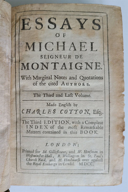 1700 ESSAYS of MICHAEL seigneur de MONTAIGNE Vol. III antique in ENGLISH