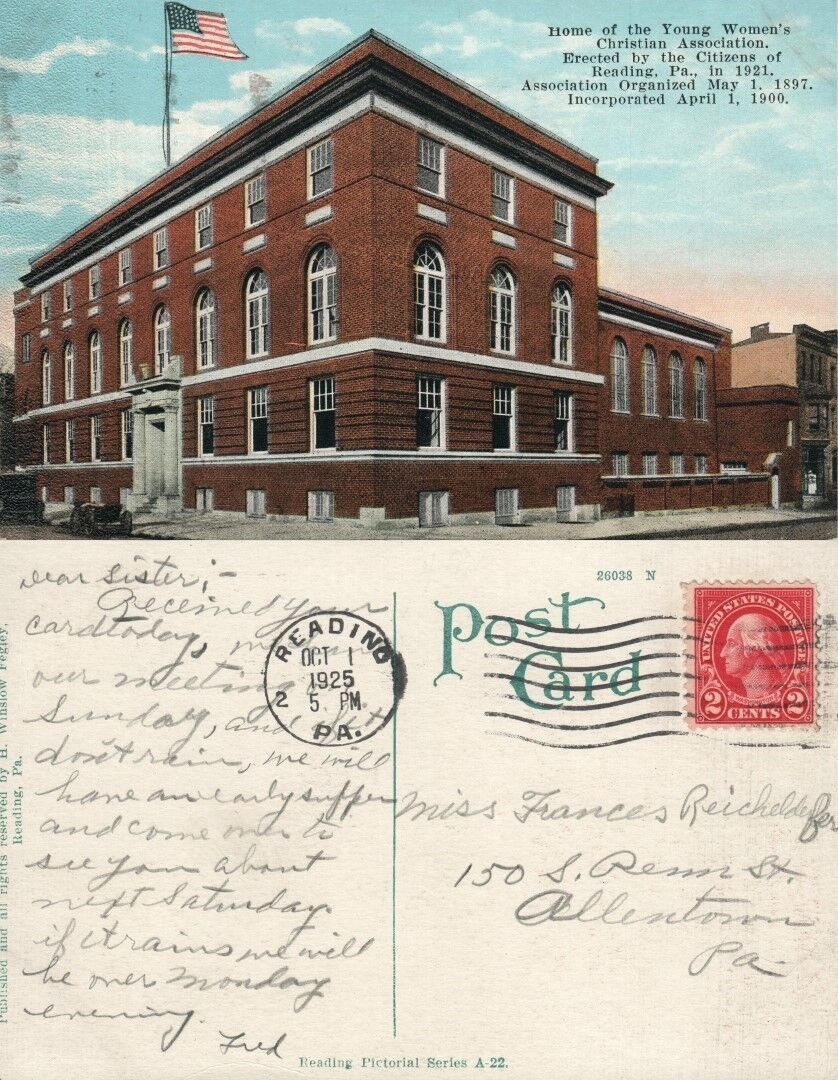 READING PA HOUSE OF YOUNG WOMEN'S CHRISTIAN ASSOCIATION 1925 ANTIQUE POSTCARD