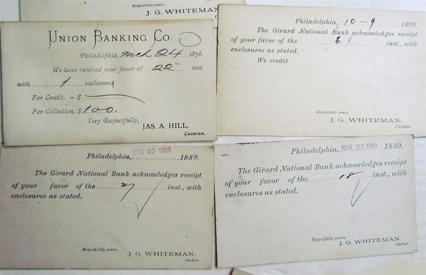 1870s-1890s LOT of 31 PHILADELPHIA BANKS ANTIQUE STATEMENT CARDS POSTCARDS