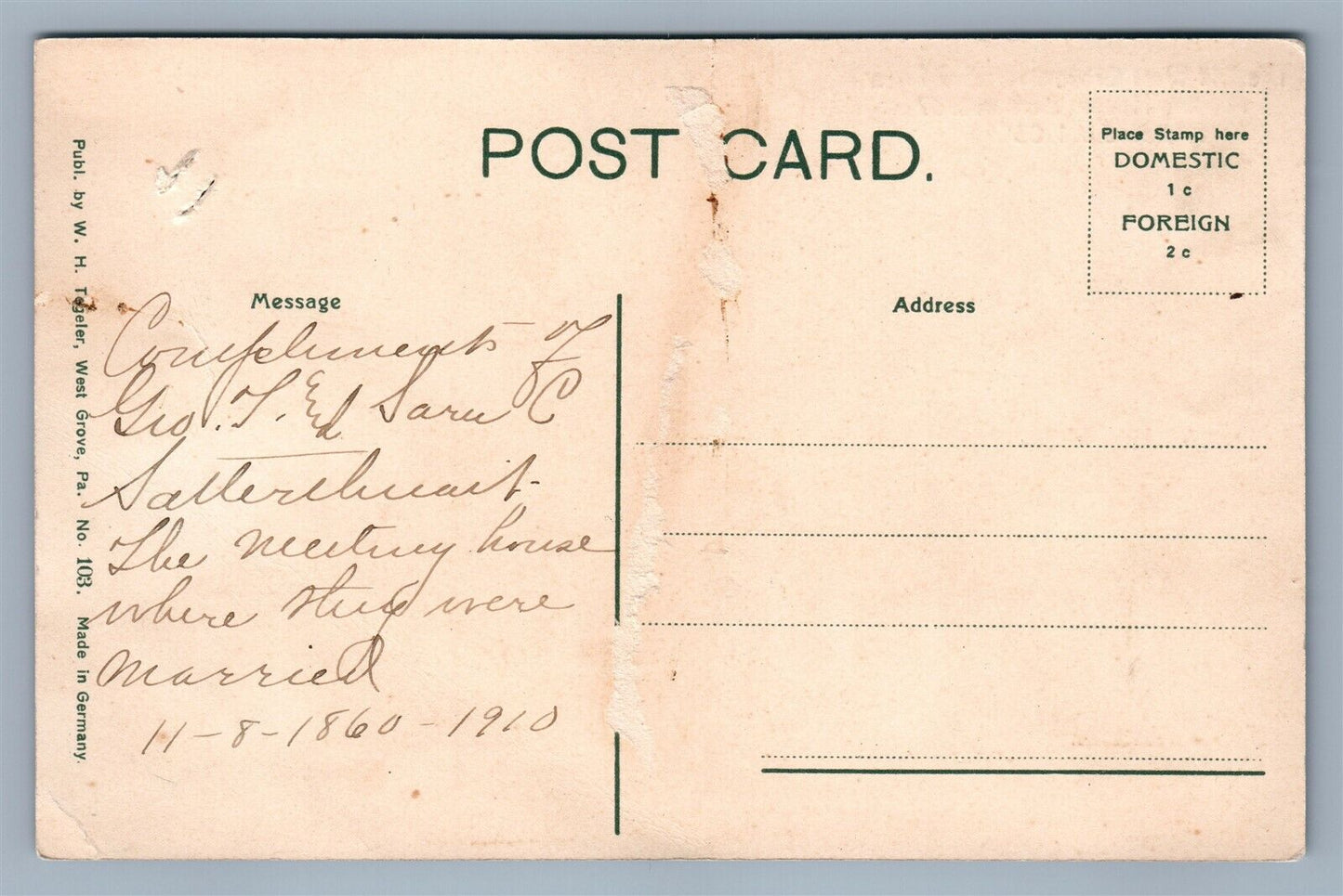 OLD WEST GROVE PA ORTHODOX FRIENDS MEETING HOUSE ANTIQUE POSTCARD