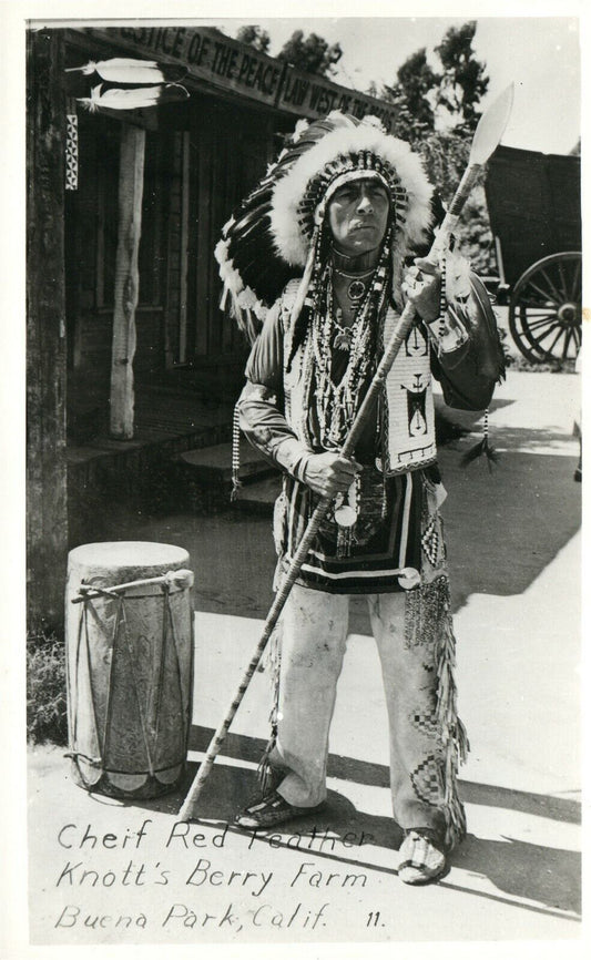 AMERICAN INDIAN CHIEF RED FEATHER BUENA PARK CA VINTAGE REAL PHOTO POSTCARD RPPC