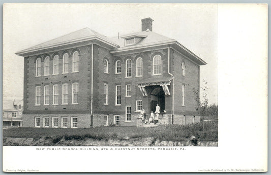 PERKASIE BUCKS CO PA PUBLIC SCHOOL RAILWAY STATION ANTIQUE DOUBLE SIDED POSTCARD