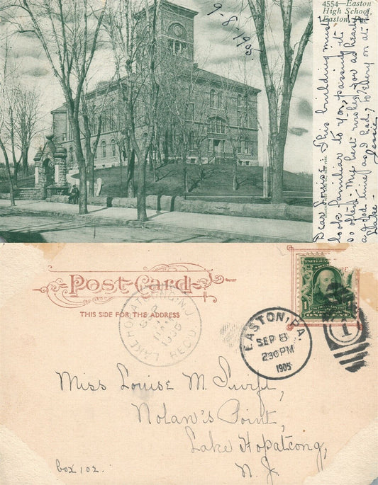 EASTON PA HIGH SCHOOL 1905 UNDIVIDED ANTIQUE POSTCARD w/ CORK CANCEL