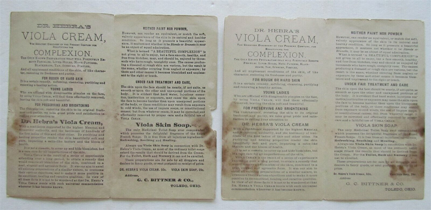 TOLEDO OH SET of 2 ANTIQUE VICTORIAN TRADE CARDS VIOLA CREAM ADVERTISING