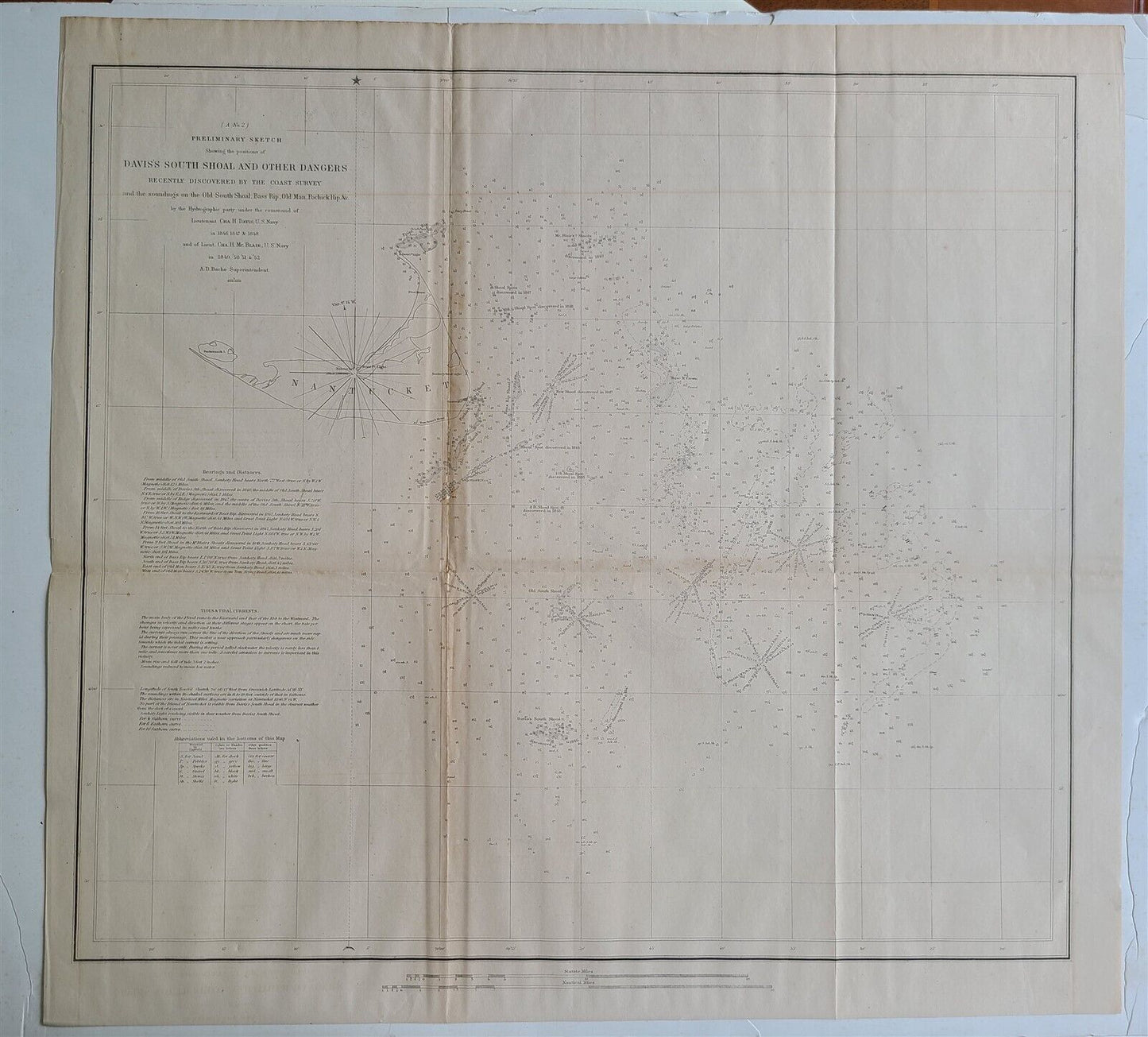 1852 CHART SHOWING POSITIONS of DAVIS'S SOUTH SHOAL & OTHER DANGERS antique